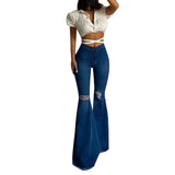 Solid Tight Summer Clothing New Women Denim Flared Pants High-waisted Button Holes Ripped Bodycon Bell-Bottoms