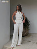 Sexy Backless Tank Top Set Woman 2 Piece Summer White Pleated Trouser Suits Female Elegant High Waist Wide Pants