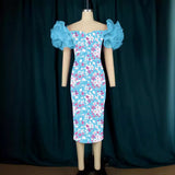 Net Yarn Sleeves Stitched Printed Bags Dresses Mid-Sevent Dress Party Dress Women