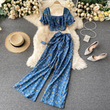Women Autumn French Boho Floral Suits Square Collar Puff Sleeve Short Tops+High Waist Wide Leg Pants Two Pieces