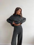High-Neck Open Fork Wool Sweater Set Women's Loose Casual Lazy Knitting Trousers