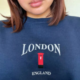 London Telephone Booth Embroidered Fleece Pullover-Outfit
