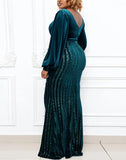 Plus Size Green Velvet Sequins V Neck Puff Sleeve Slit Formal Evening