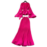 Fashion Strap To The Waist Horn Sleeve Lotus Loaf Under The Pendulum Folding Folding Top + High-Waisted Fish Tail Half-Body