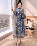 New Fashion Ladies Embroidered Flower Dress Women Elegant Vintage Mesh Patchwork Lace Long Party Dress Female