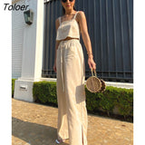 Khaki Cotton Linen Women Suit Strap Lace Up Crop Top Vest Casual Summer 2 Pieces Set Elastic Waist Straight Pants Sets