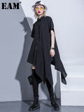 Women Black Irregular Ruffles Long Blouse New Lapel Short Sleeve Loose Fit Shirt Fashion Tide Spring Summer 2023