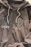 Embroidery Zip Up Hoodies Women Long Sleeve Sweatshirts Loose Hooded Jackets Y2K Clothes Grunge Punk Vintage Overcoat