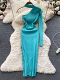 Halter Hollow Out Sexy Knitted Dress One Shoulder Long Sleeve Elastic Slim 2022 Women Autumn Split Party Sweater