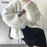 Harajuku Two Sides Wear Lamb Wool Coat Women 2023 Autumn Winter Zipper Up Plush Jacket Woman Stand Collar Warm