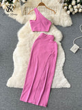 Knitted Sexy French Women Sets Summer 2022 Hollow Out Elastic Slim Casual Elegant Ladies Solid Split Two Piece