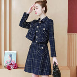 Korea Elegant 2 Piece set Women Plaid Tweed Lapel Long Sleeve Jacket Coat + Retro Fashion sleeveless A-Line Dress