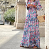 Retro Ethnic Print Dress New Spring Summer Half-sleeve Casual Dress Ladies Sexy V-neck Stitching Pleated Drape Maxi
