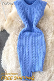 Design Twist Knitted Bodycon Dress Women Solid O-neck Sleeveless Tassels Irregluar Slim Stretch Bandage Mini Sweater