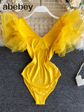 Women Ruffles Flying Sleeve Bodysuits 2022 Summer Fashion High Waist V Neck Casual Romper White Yellow