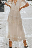 Women Off Shoulder Lace Patchwork Elegant Dress Casual Bohemian Deep V Neck Short Sleeve Loose Vestidos Summer