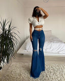 Solid Tight Summer Clothing New Women Denim Flared Pants High-waisted Button Holes Ripped Bodycon Bell-Bottoms