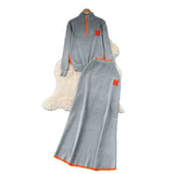 Simple Wind Bumpy Striped Knitted Sister Set With Long-Sleeved Sweater + High Waist Long Body Skirt