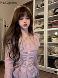 Blouses Women Square Collar Slim Waist Shirts Sweet Ruffles Drawstring Korean Blouse Crop Tops 2023 Blusas Mujer De