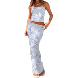 Piece Skirt Sets Womens Outfits Floral Print Sleeveless Crop Top Slim Fit Tube Tops and Long Skirt y2k Clothes Party