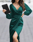 Women Solid Color Elegant Puff Sleeve Ruched High Slit Satin Wrap Maxi Dress Party