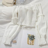 Sexy Slash Neck Short Tops Women Ruffle Long Sleeve Khaki/White Shirts Casual Slim Off Shoulder Tops Female New Fashion