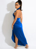 Sexy V-neck Sleeveless Solid Satin Backless Maxi