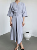 Women Black Buckle Long Elegant Dress New Round Neck Three-quarter Sleeve Loose Fit Fashion Spring Autumn 2023