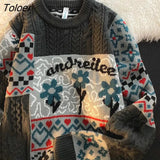 Blue Winter Tops Vintage Flower Sweaters Women Hip Hop Knitted Jumper Streetwear Harajuku Loose Fashion Pullovers