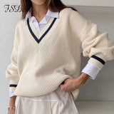 V Neck Loose Women Sweater Autumn Winter White Long Seelve Jumper Patchwork Oversized Pullover Knitted Casual