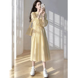 Yellow Bubble Sleeve Collar Dress Women Spring Lazy Wind Loose Waist Thin Swing A Word