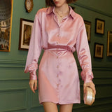 Pink Casual Mini Dress For Women Lapel Long Sleeve High Waist Solid Minimalist Dresses Female Spring Clothing