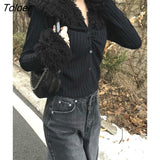 Gothic Faux Fur Collar Sweaters Cardigans Women Punk Style Furry Slim V Neck Sweater Kpop Streetwear Casaul Coats