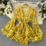 Bohemian Floral Chiffon Dress Women Sexy V-Neck Puff Long Sleeve High Waist Ruffle Vestidos Female Elegant Vacation Beach