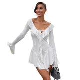 Toloer Women's Wear 2024 Flounce Pointed Collar Tied Rope Horn Sleeve Dress-Outfit