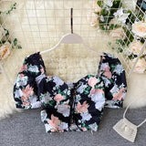 Short Blouses Women Fashion Sexy Bandage Crop Top Summer Vintage Gothic Shirt Ladies Flower Print Top