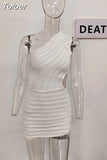 Fashion Women's Dress Diagonal Collar Backless Hollow Out Waist Solid Color Patchwork Mini Dresses Summer 2023 New