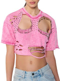 Toloer Fashion Wind Top 2024 New Fashion Round Collar Hole Pin Design Sense Short T-Shirt Women-Outfit