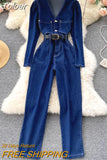 Jumpsuit Women Vintage Jeans Long Rompers Fashion Spring Autumn V-neck Full Sleeve Buttons Belted Casual Rompers