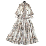 Style Dress Women's Spring Court Collar Lantern Sleeves To Close The Waist Single Buckle Printing Folded Long