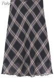 Vintage 90s Plaid Skirt Women Summer 2023 Korean Style Casual Mesh Print High Waist Slim Midi Skirt Girl Y2k