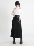 Toloer Street Wind Long Leather Skirt 2024 Autumn And Winter New Fashion High Waist Stitching Mesh Pressure Pleated Skirt Female-Outfit