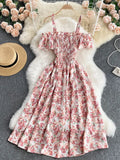 Summer Sexy Slash Neck Spaghetti Strap Midi Dress Women Casual Off Shoulder Short Sleeve Vacation Beach Robe Female