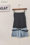 Fashion Women's Contrasting Color Patchwork Jeans Elastic Waist Strap Design Straight Denim Calf-Length Pants