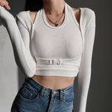 Sexy Slim Long Sleeve T-shirts Hollow Out Crop Top Women Tunics Kpop Button Patchwork T Shirt Fake Two-piece
