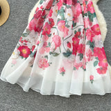 Elegant Dress Women's Summer Famous High-End Feel Lotle Side V-Neck Waist Thin Print Large Swing