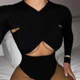 Hollow Out Bodysuits Women Slim High Waist 2021 Sexy Cropped V Neck Solid Feature Stretchy Long Sleeve Body Suit