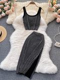 Summer Black/White Diamonds Dot Two Piece Set Women Sexy Square Collar Sleeveless Short Camis + Midi Bodycon Skirt Suit New