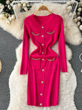 Pocket Fashion Women Sweater Dress V Neck Chain Long Sleeve Bodycon Dress Female Elastic Solid Warm Knitted