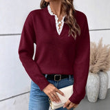 Women's Temperament V-Neck Long-Sleeved Sweater Fashion Jersey Thread White-Bordered Cuffs Knitted